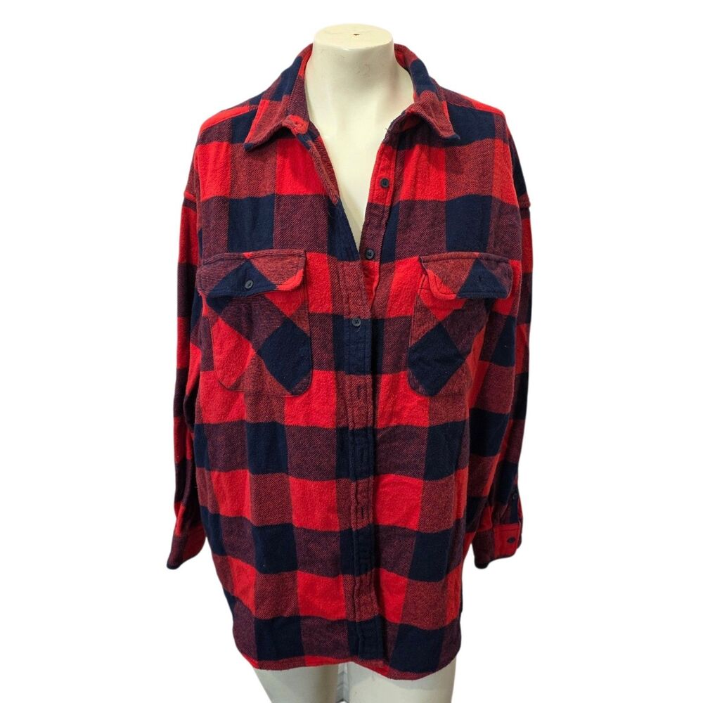 Aerie Buffalo Plaid Flannel Shacket Red Black Button Front Overshirt S/P